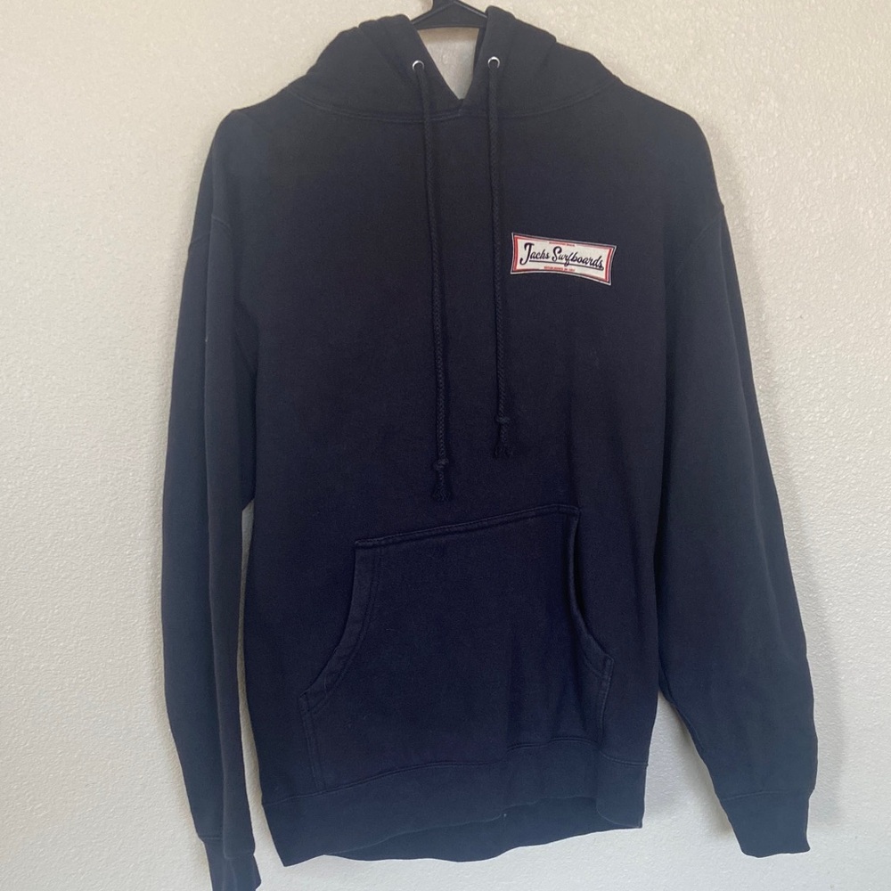 Jacks Surfboard Dark Blue Hoodie with Logo Patch. Unisex S